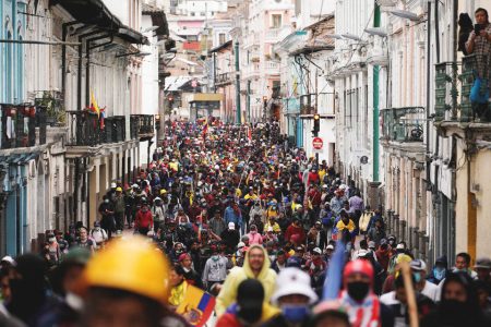 Protesters march to demand President Guillermo Lasso address price increases for fuel, food and other basics which have ignited 10 days of demonstrations across the country, in Quito, Ecuador June 22, 2022. REUTERS/Santiago Arcos