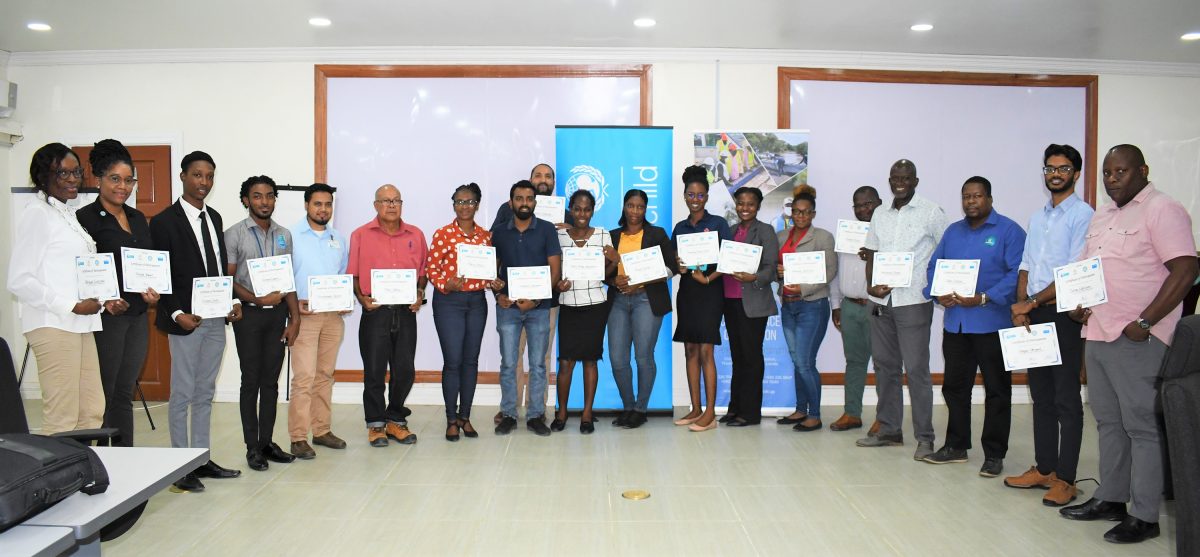 Participants with their certificates at the end of the training at the Civil Defence Commission headquarters, Georgetown. 