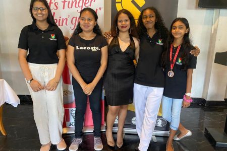 Guyana’s 2022 Chess Olympiad Women’s team members are from left: Pooja Lam, Nellisha Johnson, Sasha Shariff, Jessica Callender and Anaya Lall 