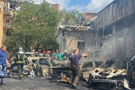 Emergency workers at the scene of the attack in Vinnytsia 