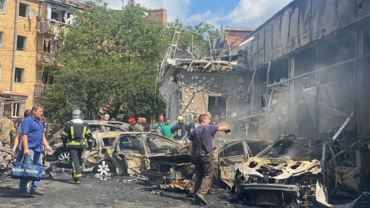 Emergency workers at the scene of the attack in Vinnytsia 