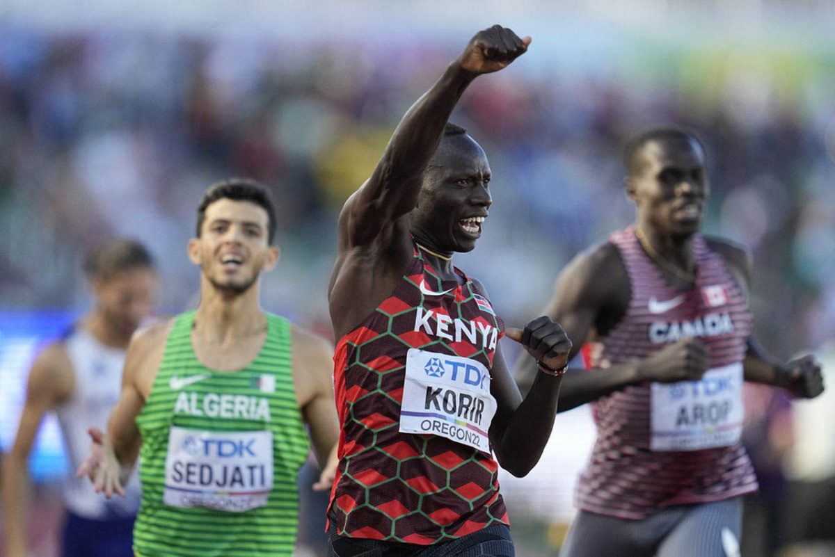 Kenya’s Olympic champion Emmanuel Korir celebrating after winning gold in the 800m at the 2022 World Championships (photo compliments of Reuters)
