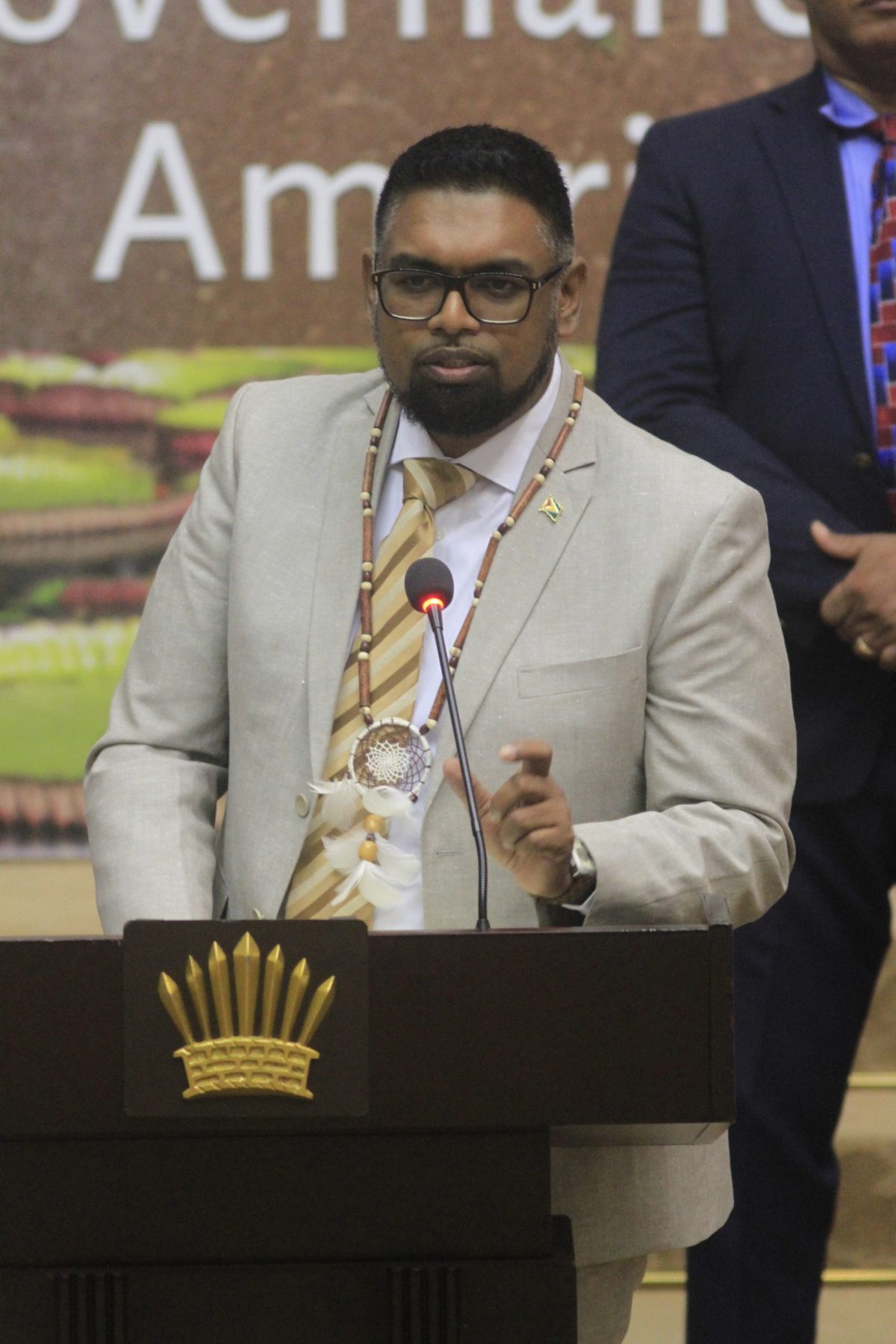 President Irfaan Ali delivering the feature address at the National Toshaos Conference. (Orlando Charles photo) 