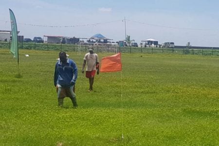 Members of the Petra Organisation ground staff inspecting the Ministry of Education ground at Carifesta Avenue prior the commencement of the preparatory work
