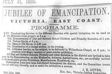 A newspaper clipping showing the programme for the 1888 Emancipation jubilee 