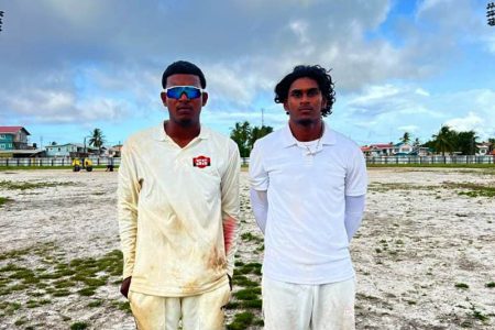 (Left to right) Jonathan Rampersaud (8-53) and Jeremy Sandia (7-37) ensured Berbice a commanding victory
