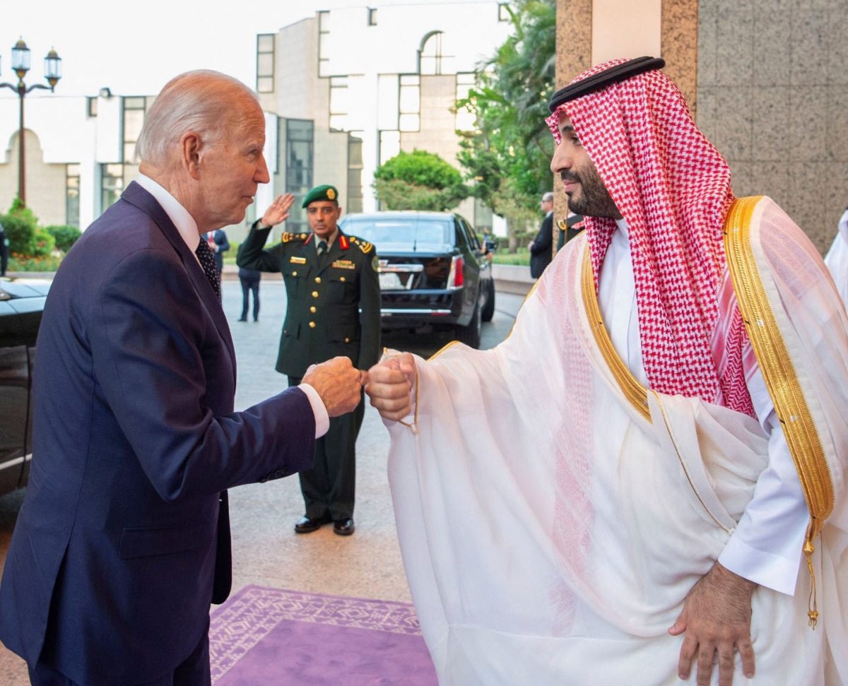 Saudi Crown Prince Mohammed bin Salman fist bumps U.S. President Joe Biden upon his arrival at Al Salman Palace, in Jeddah, Saudi Arabia, July 15, 2022. Bandar Algaloud/Courtesy of Saudi Royal Court/Handout via REUTERS 