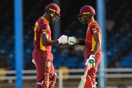 Romario Shepherd (left) and Akeal Hosein nearly won West Indies the first ODI against India on Friday. (Photo courtesy CWI Media)