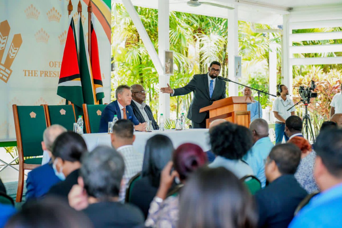 President Irfaan Ali addressing the gas to shore forum yesterday at State House. (Office of the President photo)