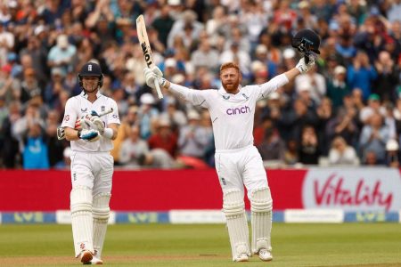 England’s Jonny Bairstow celebrates reaching his century, his third ton in four innings. (Reuters/Jason Cairnduff)