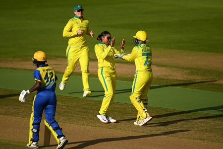 Australia’s cricketers celebrate the dismissal of Kycia Knight yesterday. (Photo courtesy Cricket Australia)