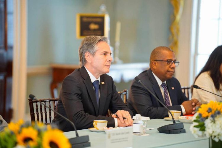 US Secretary of State Antony Blinken (left) during his meeting with President Irfaan Ali and his team (Office of the President photo)