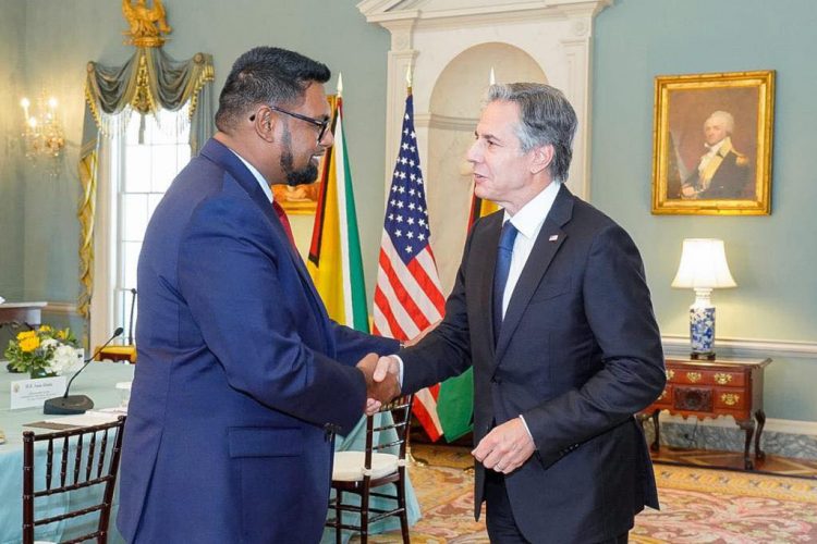 President Irfaan Ali (left) meeting US Secretary of State Antony Blinken yesterday (Office of the President photo)