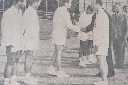 FLASHBACK! His Excellency Governor Sir Patrick Renison meeting with the 1957 British Guiana Brandon Trophy team which included Ian Mc Donald, Edgar Readwin, Derek Phang and C Ivan Phillips.
