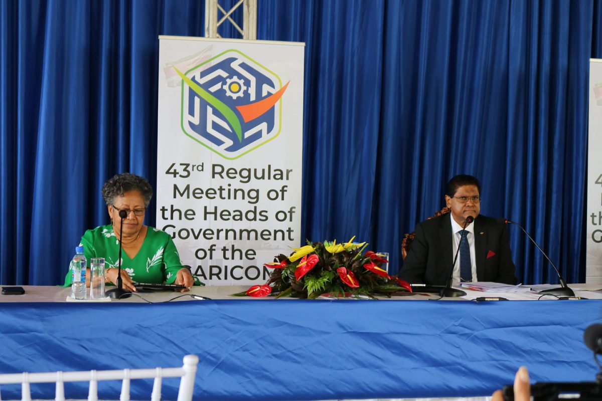CARICOM Secretary-General Dr Carla Barnett and CARICOM Chairman and President of Suriname Chandrikapersad Santokhi brief the media on the 43rd Regular Meeting of the Conference of Heads of Government of CARICOM, which opens today in Paramaribo, Suriname (CARICOM photo)
