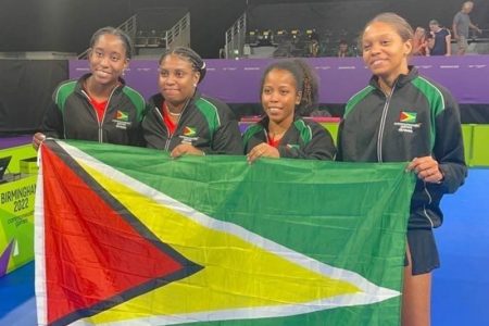 (L-R) Thuaria Thomas, Priscilla Greaves, Natalie Cummings and Chelsea Edghill after securing a spot in the semi-finals of the team event at the 2022 Commonwealth Games.