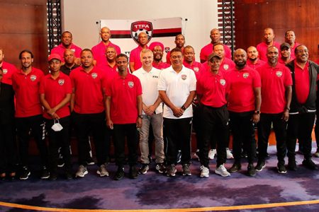 Participants pose for the camera during the opening day of the TTFA A-License Course. In the picture are Guyanese representatives in the form of Golden Jaguars head-coach Jamaal Shabazz (front row-3rd from right), GFF Assistant Technical Director Bryan Joseph (second row-5th from right), and Sampson Gilbert (second row-6th from right)
