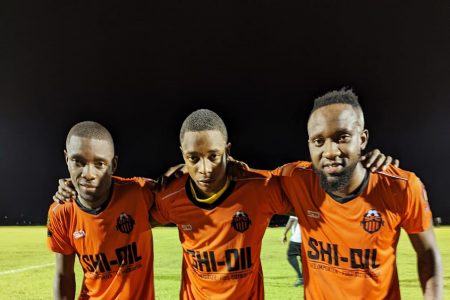 Slingerz FC scorers from left Dexroy Adams, Leo Lovell, and Ricardo Halley
