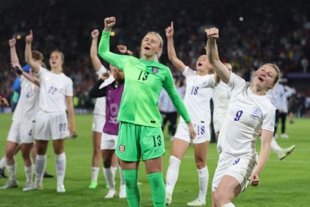England’s Ellen White and Hannah Hampton celebrate after the match REUTERS/Carl Recine