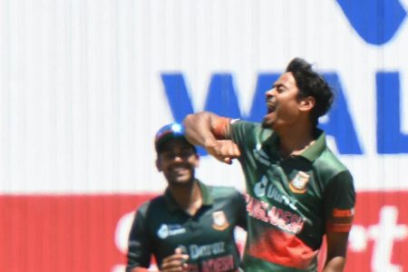 Taijul Islam celebrates a wicket.
