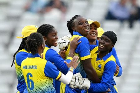 Barbados Women celebrate another wicket in the victory over Pakistan Women yesterday. 