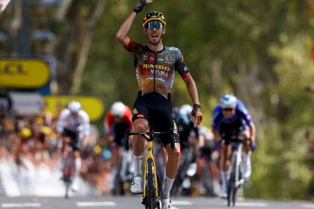 Jumbo - Visma’s Christophe Laporte celebrates as he crosses the finish line to win stage 19 REUTERS/Gonzalo Fuentes