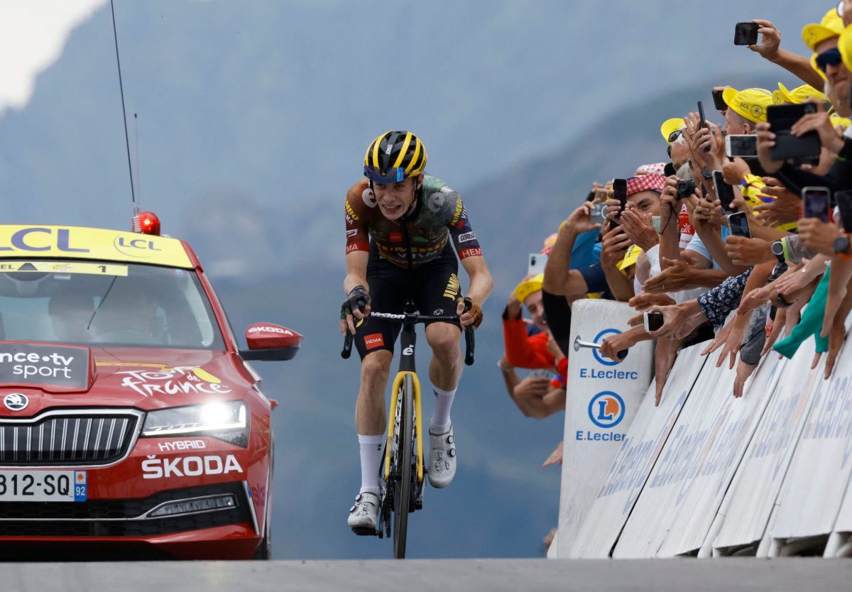 Jumbo - Visma’s Jonas Vingegaard in action before he crosses the finish line to win stage 11 REUTERS/Gonzalo Fuentes.