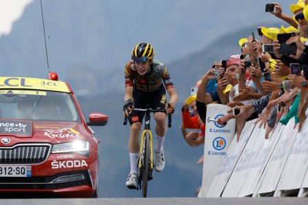 Jumbo - Visma’s Jonas Vingegaard in action before he crosses the finish line to win stage 11 REUTERS/Gonzalo Fuentes.