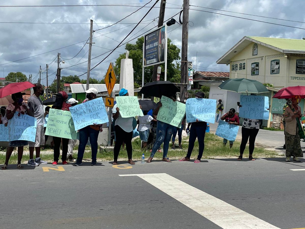 Some of the protesters on the picket line at Buxton, East Coast Demerara