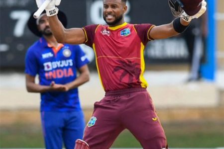 Shai Hope celebrates after reaching his 13th century which came in his 100th ODI match. 