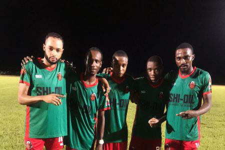 Slingerz FC scorers from left Jamal Perreira, Deon Alfred, Leo Lovell, Dexroy Adams, and Delon Lanferman