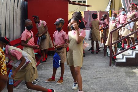 Day 1: St Agnes pupils after day one of the National Grade Six Assessment yesterday. (Orlando Charles photo)
