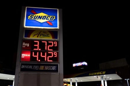 Gas prices are displayed at a Sunoco gas station after the inflation rate hit a 40-year high in January, in Philadelphia, Pennsylvania, U.S. February 19, 2022. REUTERS/Hannah Beier
