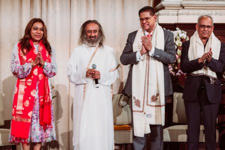 Suriname’s President Chandrikapersad Santokhi and First Lady Mellisa Santokhi-Seenacherry meeting with Gurudev during the OAS meeting in Los Angeles