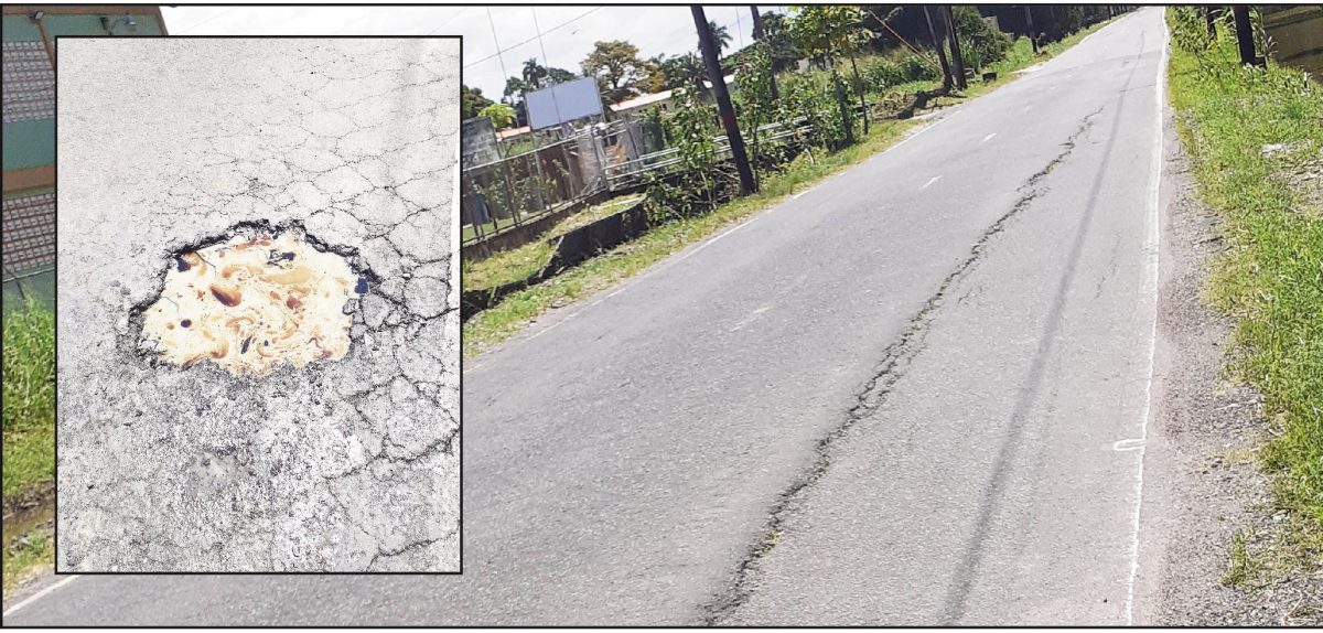 The northern section of the road which is currently sinking. Inset is the new pothole which developed along the rehabilitated 200-metre stretch 