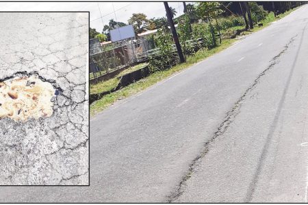 The northern section of the road which is currently sinking. Inset is the new pothole which developed along the rehabilitated 200-metre stretch 