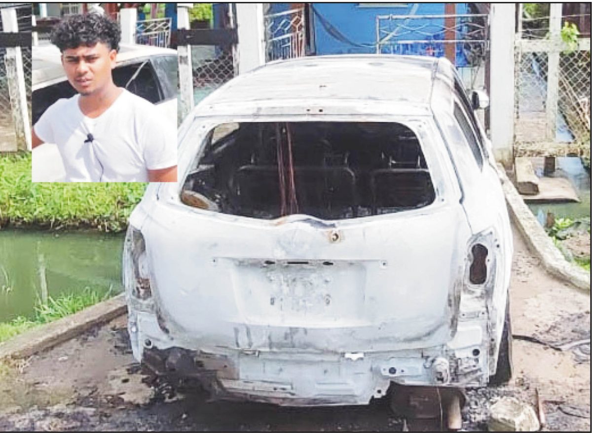 The burnt shell that remains of Chandradatt Mohabir’s car after the arson attack. Inset is Mohabir