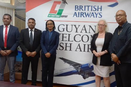 From left are CJIA’s CEO Ramesh Ghir, Ministers Deodat Indar and Oneidge Walrond, British High Commissioner Jane Miller and Minister of Public Works Juan Edghill