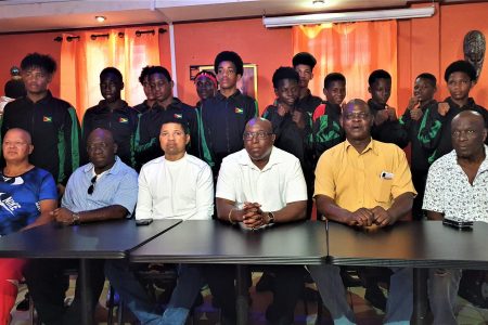 Members of Team Guyana including management and technical staff pose for a photo at the La France Restaurant on Charlotte Street after an interactive session, ahead of the 2022 Winfield Braithwaite Caribbean Schoolboys/Juniors Boxing tournament. The official weigh-ins will be held tomorrow at the Cliff Anderson Sports Hall (CASH), from 18.00 hours.
