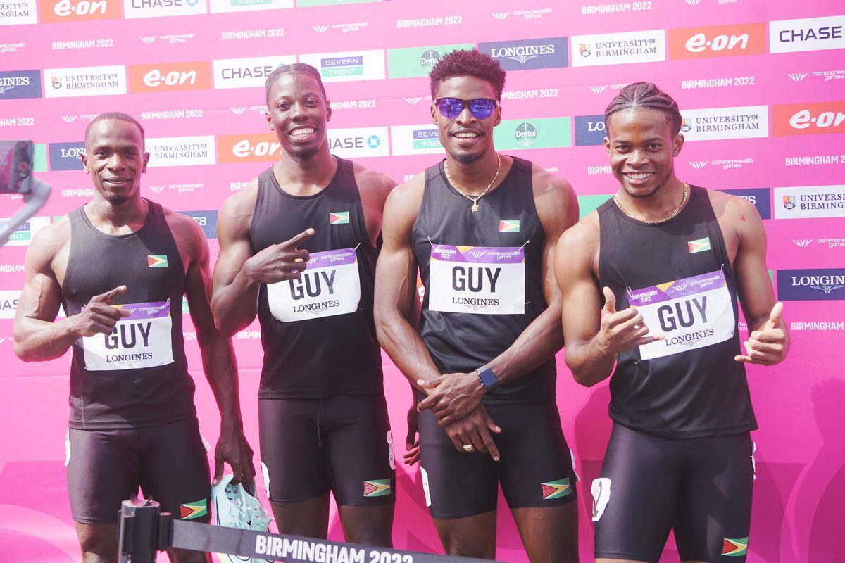 Team Guyana’s quartet of Akeem Stewart, Emanuel Archibald, Arinze Chance and Noelex Holder are into today’s final of the 4x100m (Emmerson Campbell photo