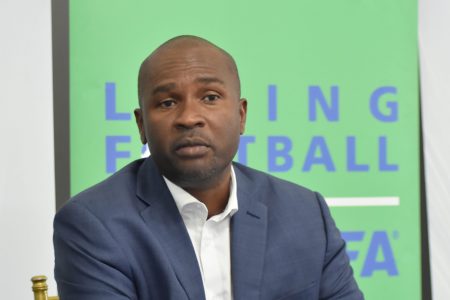 GFF President Wayne Forde making a point during the post-Extraordinary Congress press conference at the National Training Centre, Providence