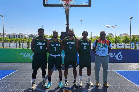 The Guyana 3 x 3 team (from left) Stanton Rose Jr, Nikolai Smith, Travis Belgrave,
Harold Adams, and coordinator Junior Hercules 
