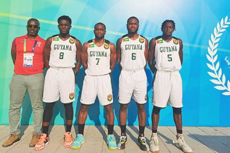 The Guyana 3x3 team (from left) coordinator Junior Hercules, Stanton Rose Jr, Nikolai Smith, Travis Belgrave, and Harold Adams before their final two group stage matches against Iran and Maldives
