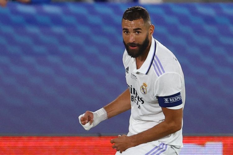 Helsinki Olympic Stadium, Helsinki, Finland - August 10, 2022 Real Madrid's Karim Benzema celebrates scoring their second goal REUTERS/Kai Pfaffenbach/File Photo