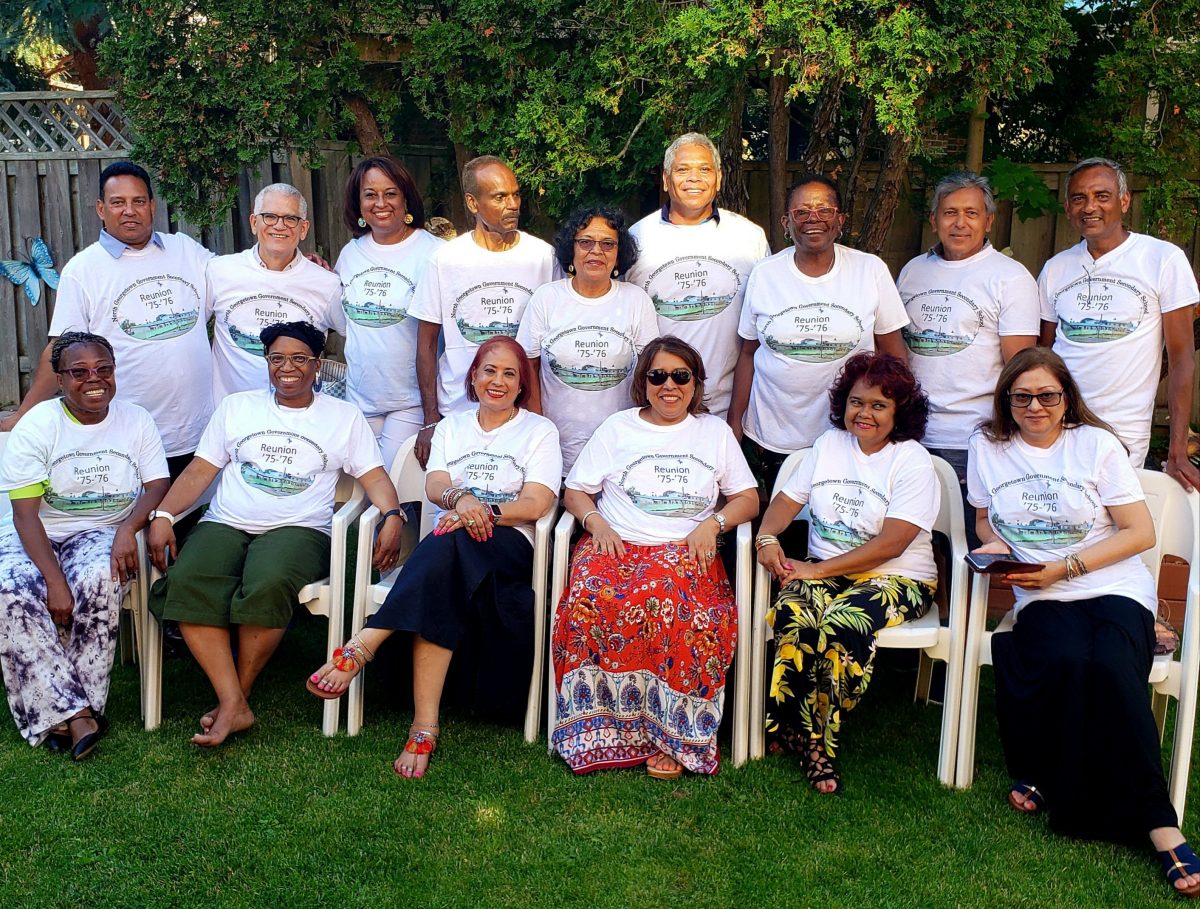 Fifteen of the 1975-1976 NGSS graduating batch at Nayeem Ali’s residence in Pickering, Ontario. Front row, from left Jennifer Joseph (Prince), June James-Muehler, Shanta Sinha (Suroojanie Muldeo), Aziza Rohoman (Bacchus), Joan Jaundoo and Valerie Yassin. In back row, from left, are Paul Bahadur, Paul Gomes, Joan Williams, Naraindra Prashad, Miranda La Rose, David Sears, Janice Perreira (Pieters), Harry Booklall (Lomraj) and Nayeem Ali.