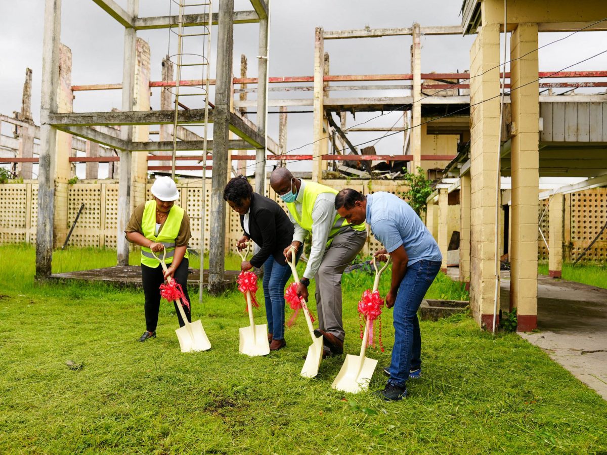 Education Minister Priya Manickchand (left), Headteacher Allison Cosbert, Permanent Secretary Alfred King and Kares Engineering CEO radish Rameshwar ceremonially turning the sod to commence reconstruction of the North Ruimveldt Secondary School building (Ministry of Education photo) 
