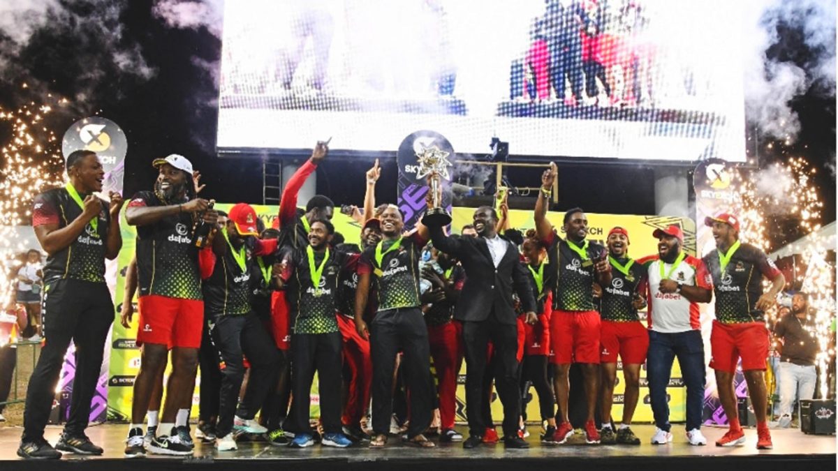 St Kitts and Nevis Patriots celebrating after winning the inaugural Men’s Sixty title
