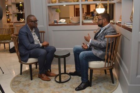 President of Guyana Dr Mohamed Irfaan Ali, right, speaks with GML’s lead Editor,  Business Curtis Williams during an exclusive interview at the Brix Autograph Collection, Coblentz Avenue, Cascade