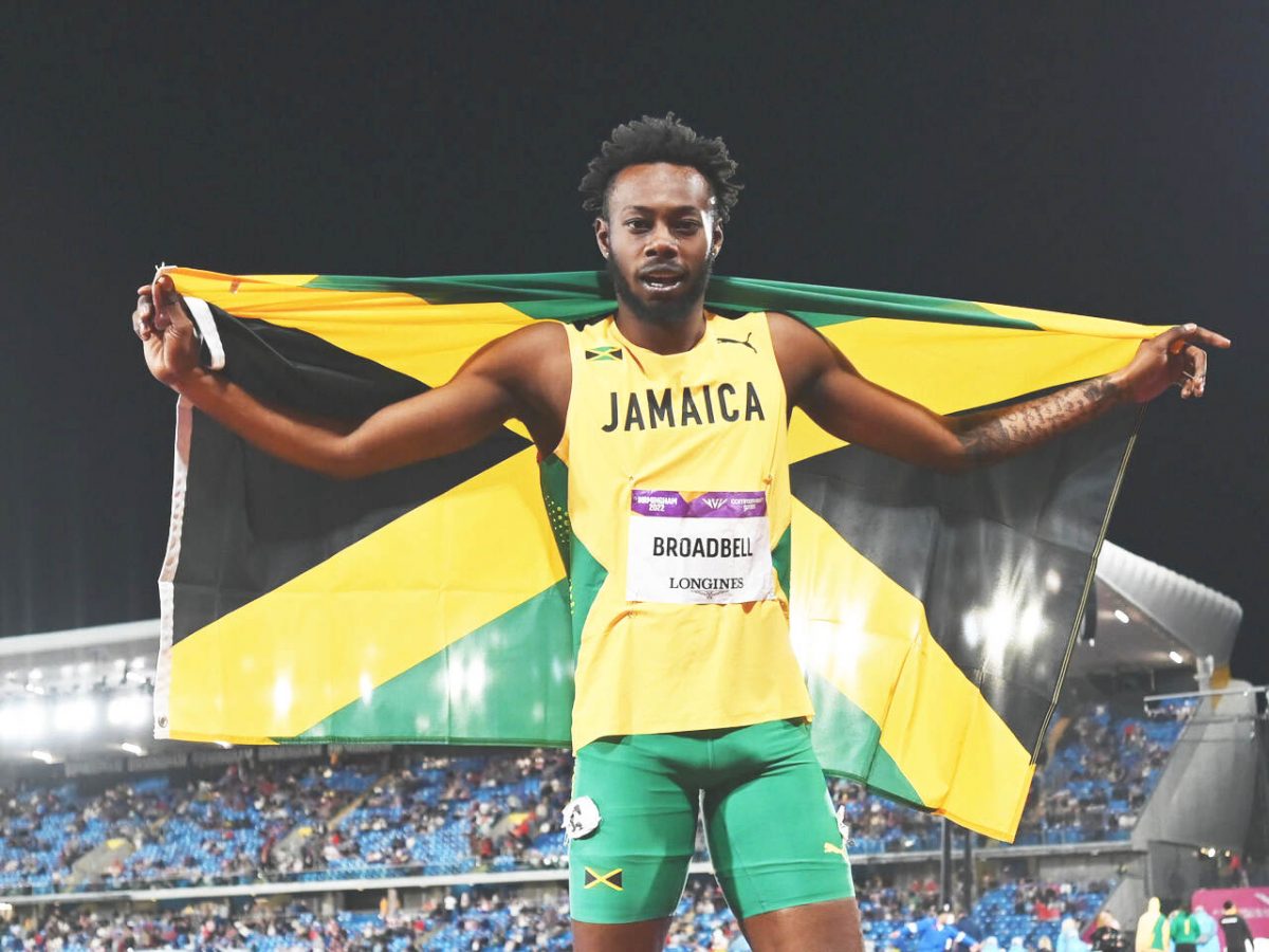 Rasheed Broadbell celebrating after winning Gold in the 110m 
hurdles at the Commonwealth Game
