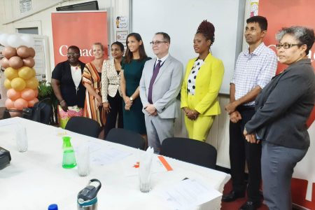 Officials at the launch of the Specialist Mathematics Teacher Training Programme. Among those present were High Commissioner of Canada to Guyana, Mark Berman (fifth, from left), NCERD Director Quenita Walrond-Lewis (third from right), NCERD Math Unit representative Vishnu Panday (second, from right) and CCEDM Representative for Guyana and Suriname Renata Chuck-A-Sang (at extreme right).
